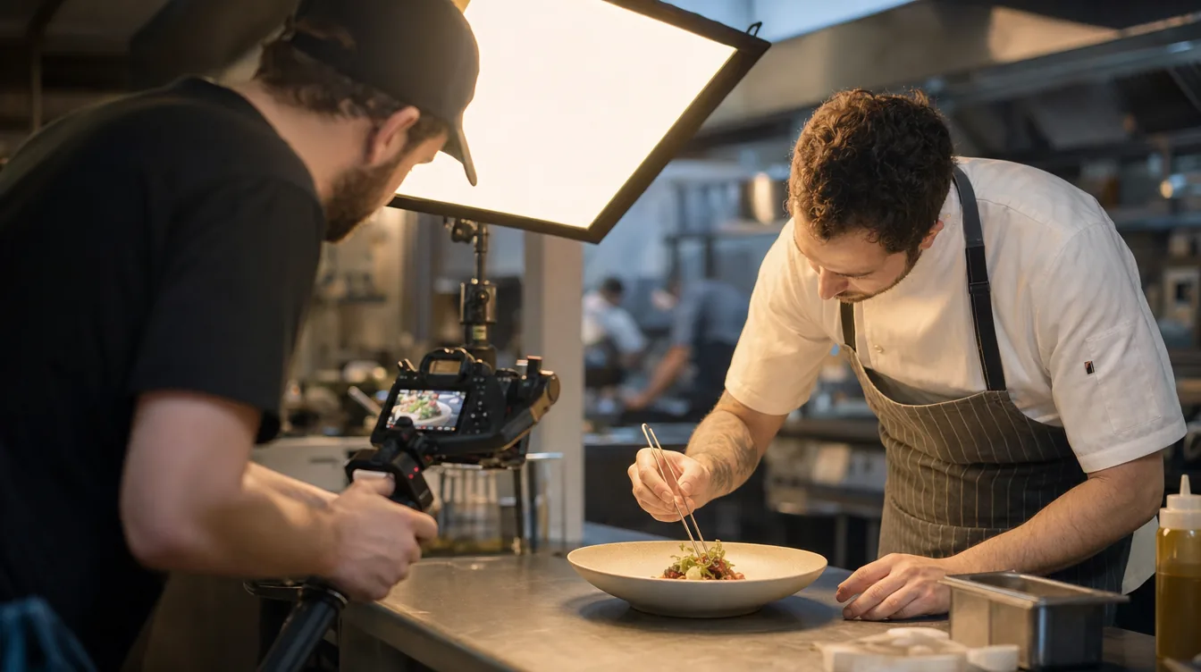 Food-Videograf filmt ein angerichtetes Gericht in der Restaurantküche