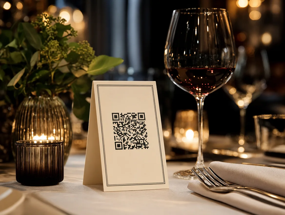 QR-Tischaufsteller auf einem gedeckten Restauranttisch